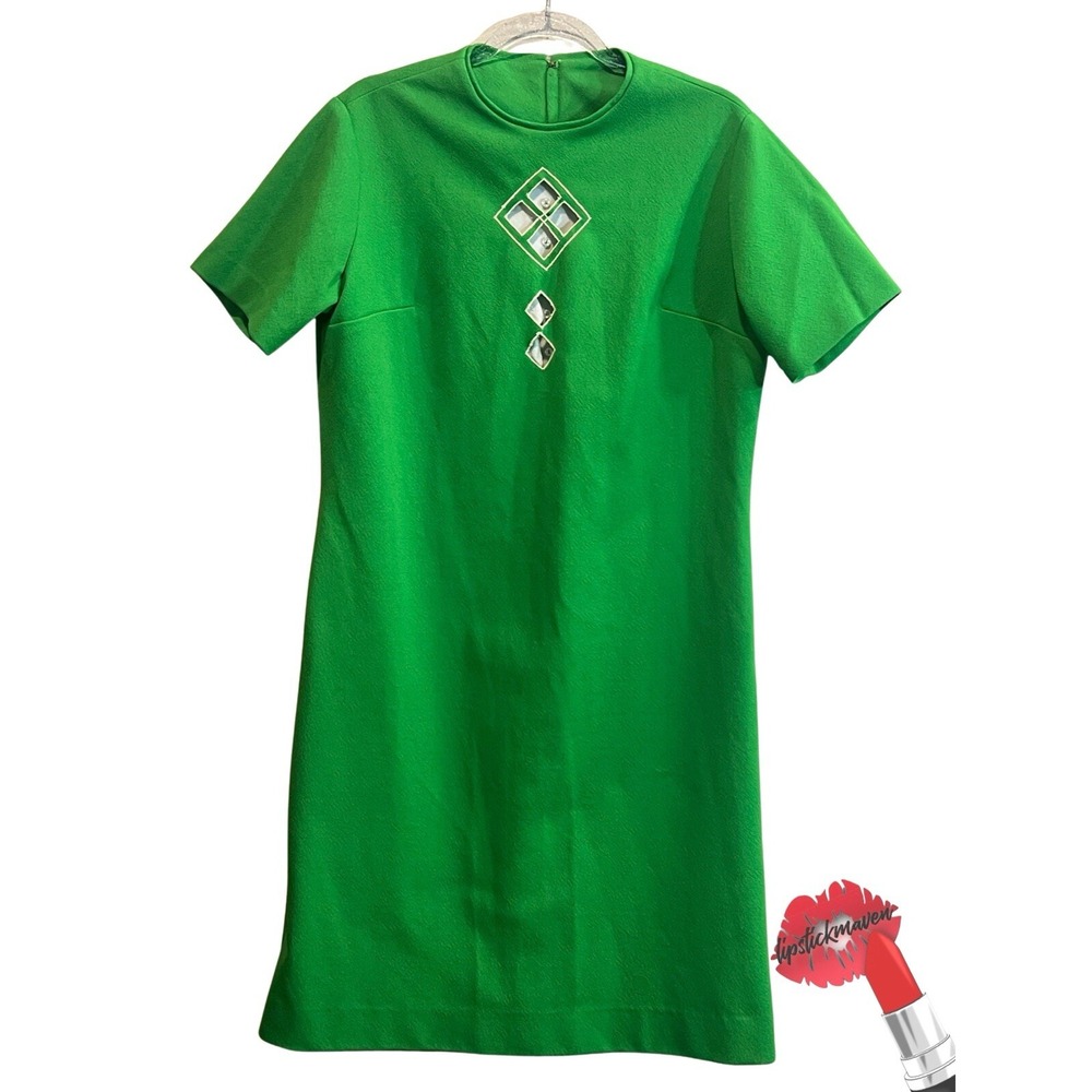 Vintage Lari Lane Dress Women 16 Green‎ Mid Length Diamond Cut Short Sleeve 60s